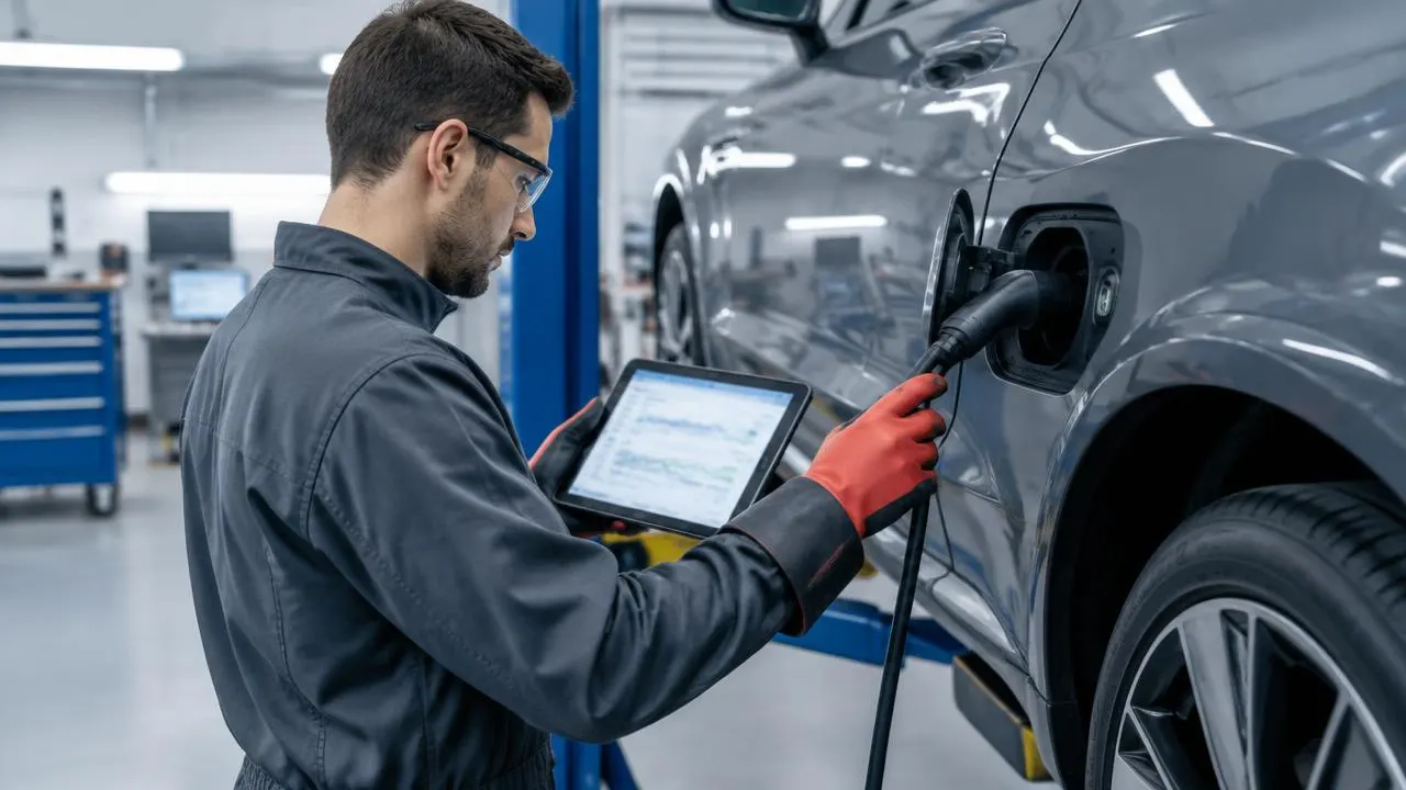 Un tecnico specializzato con guanti e occhiali collega uno strumento diagnostico a un'auto elettrica e controlla i dati su tablet