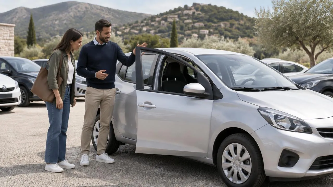Un consulente mostra a una cliente un'auto compatta argento in un piazzale, con colline mediterranee sullo sfondo
