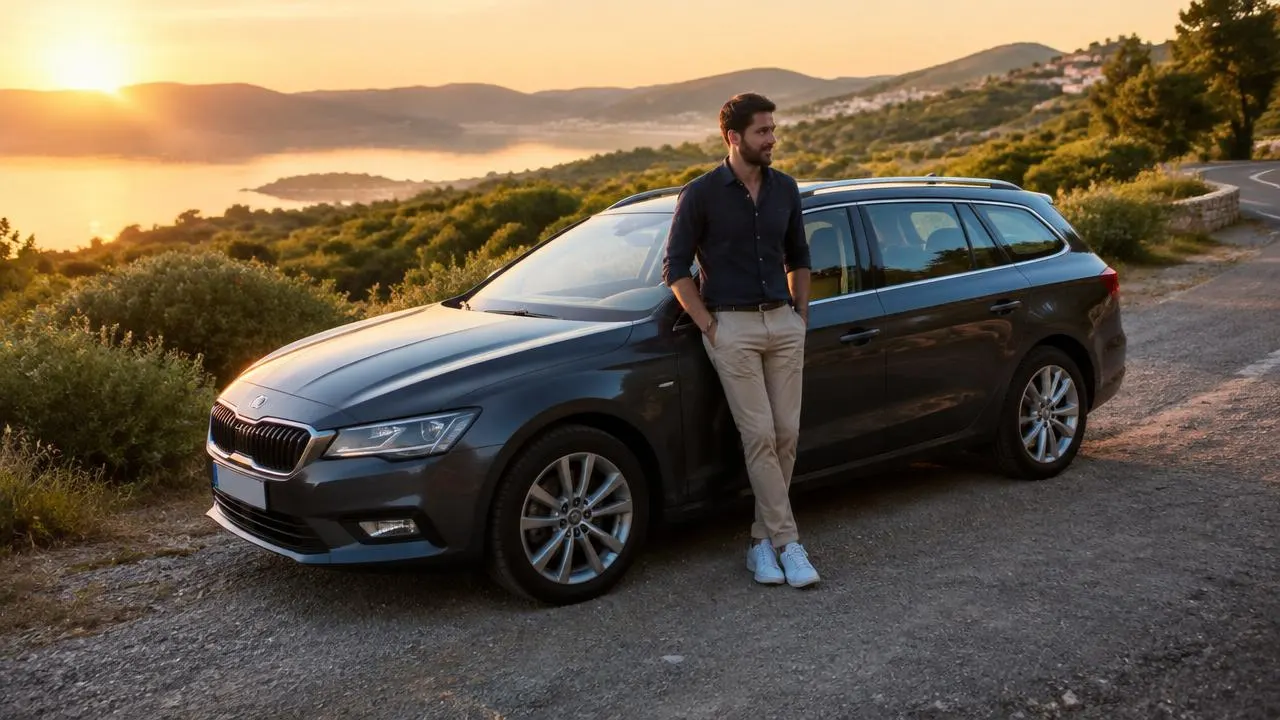 Un guidatore appoggiato a una station wagon grigia in sosta panoramica lungo una strada collinare mediterranea al tramonto