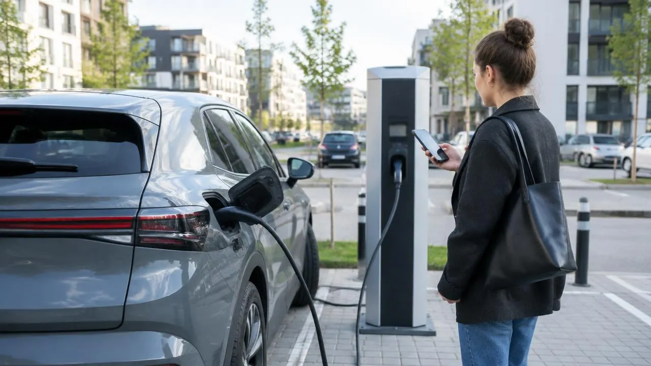 Un'auto elettrica collegata a una colonnina in un parcheggio urbano, con una persona che controlla il percorso sullo smartphone