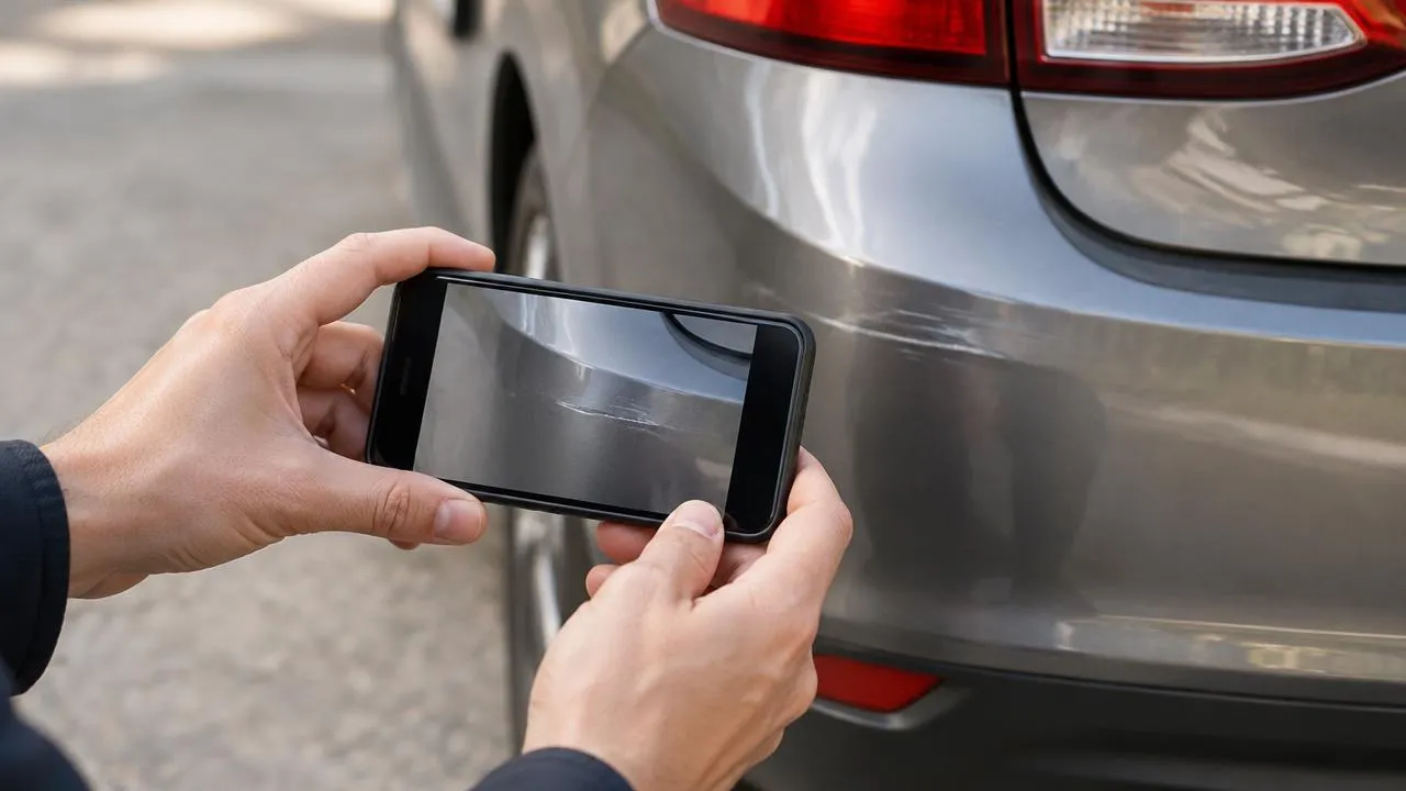 Mani che fotografano con lo smartphone un graffio sul paraurti posteriore di un'auto grigia