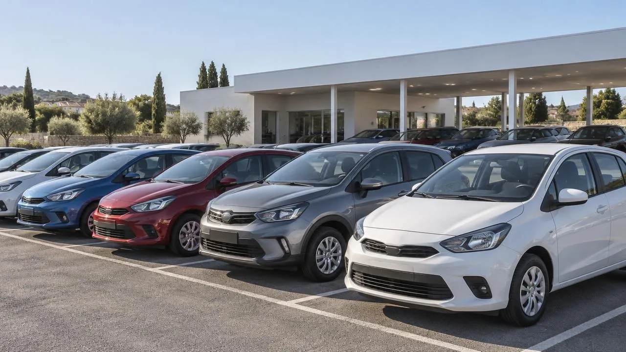 Flotta di utilitarie e crossover parcheggiate davanti a un basso edificio con area consegna, in pieno giorno