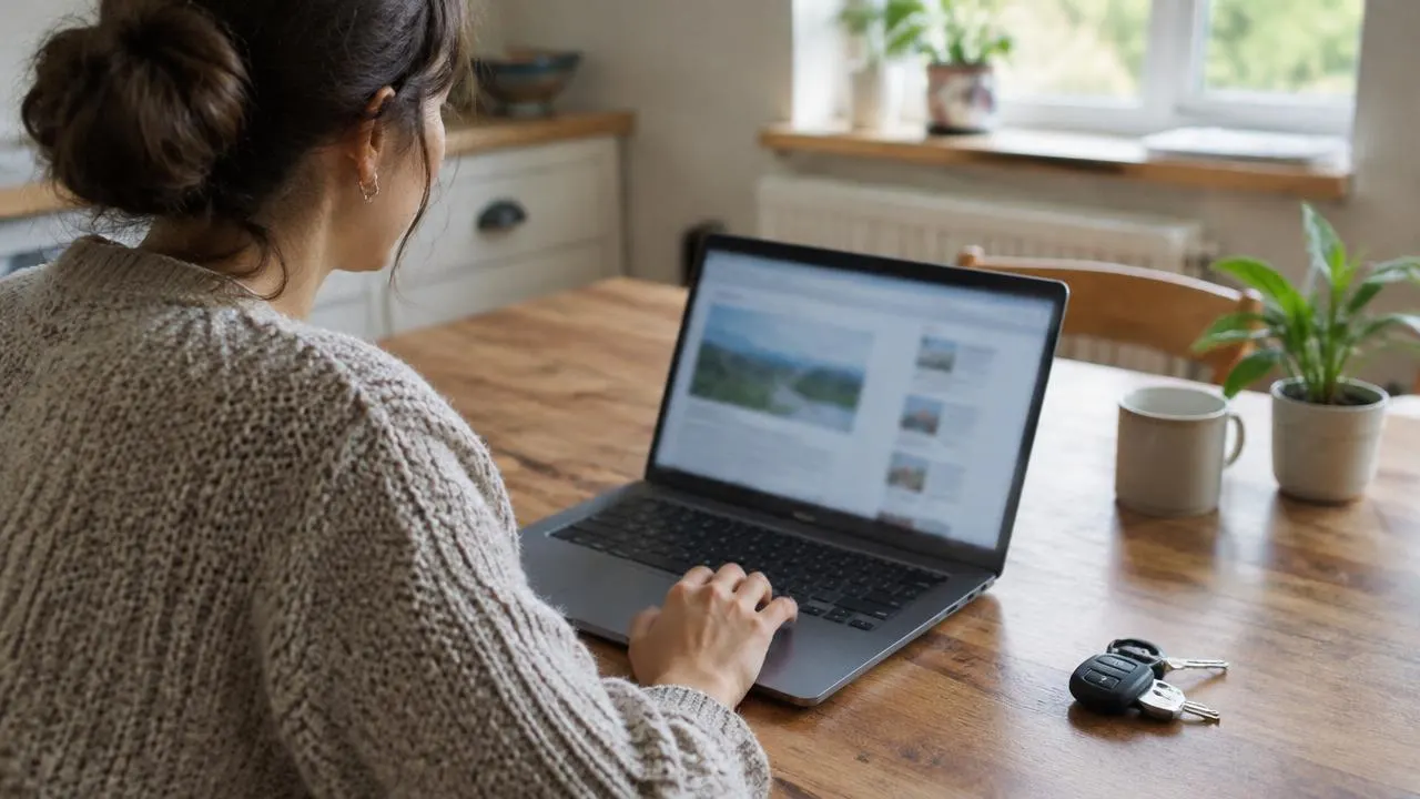 Una persona consulta informazioni generiche al laptop sul tavolo di casa, con le chiavi di un'auto accanto