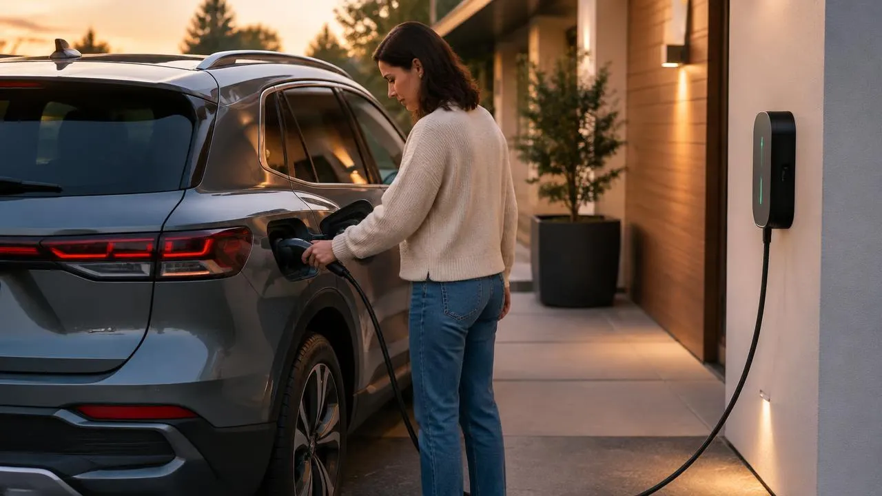 Una donna collega il cavo di ricarica a un SUV ibrido plug-in nel vialetto di casa, accanto a una wallbox