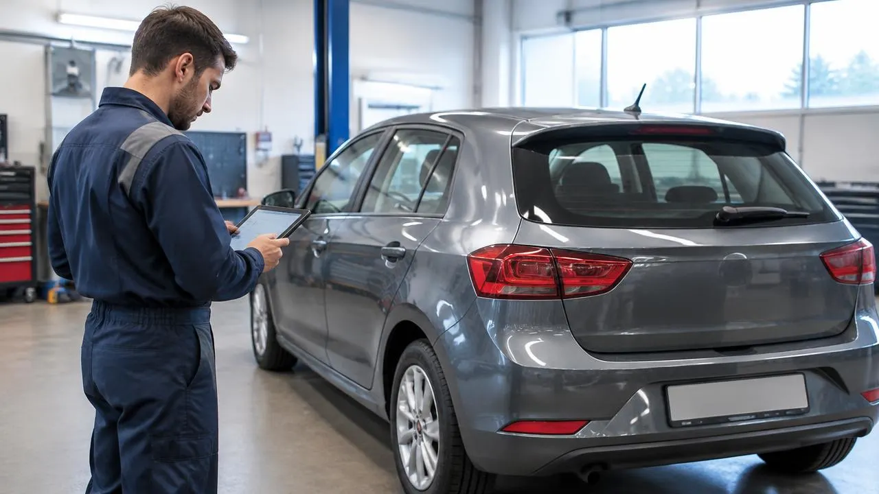 Un tecnico in officina controlla su tablet lo storico di manutenzione di un'auto usata grigia